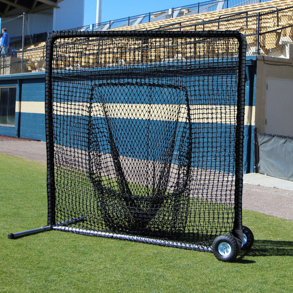 7x7 Commercial Steel Sock Net Protection Screens with Wheels and Black Frame Padding