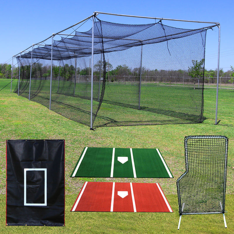 Batter's Eye Baseball Batting Cage Bundle with Protection Screen and Homeplate Mat